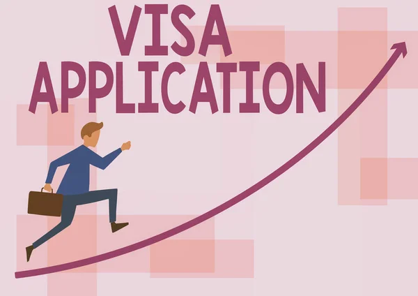 Text caption presenting Visa Application. Concept meaning Form to ask permission travel or live in another country Businessman Running Upward Holding Briefcase With Arrow Pointing Up.