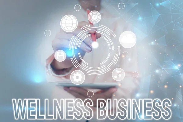 Wyświetlacz koncepcyjny Wellness Business. Koncepcja oznacza Profesjonalne przedsięwzięcie koncentrujące się na zdrowiu umysłu i ciała Business Woman Touching Futurystyczny Wirtualny wyświetlacz Interfejs Holograficzny. — Zdjęcie stockowe