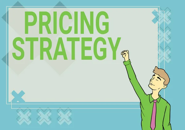 가격 책정 전략 (Pricing Strategy) 을 사용 한다. 사업 진열장은 판매 된 유닛의 최대 수익률을 설정하거나 시장 전반에 걸쳐 해피 맨 삽화가 삽입 된 가운데 수숙을 위해 손을 드는 모습을 보여준다. — 스톡 사진