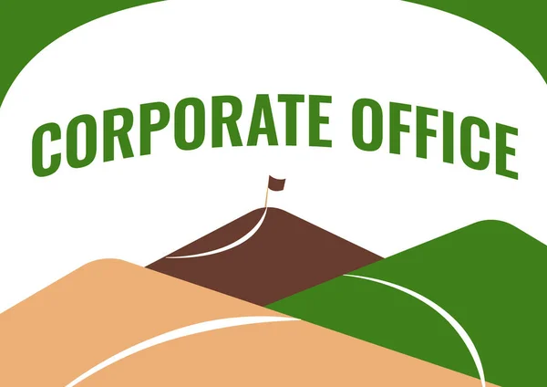 Handschrift Corporate Office. Woord voor huis afdeling die primaire afdelingen indirect ondersteunen Mountain Range Drawing With Road Leading To Raised Flag At Top. — Stockfoto