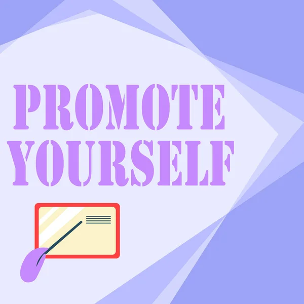 Sign displaying Promote Yourself. Internet Concept market and introduce to others Improvement Encourage Card Drawing With Hand Pointing Stick At Small Details. — Stock Photo, Image