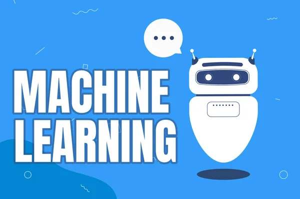 Text, der Inspiration durch maschinelles Lernen zeigt. Konzeptfotos geben Computern die Möglichkeit, mit Daten unterrichtet zu werden Illustration des niedlichen schwimmenden Roboters, der Informationen in einer Chat-Wolke erzählt. — Stockfoto