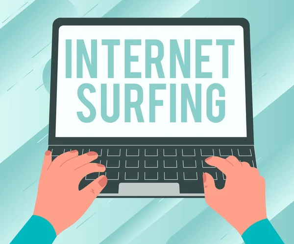Πινακίδα χειρογράφου Internet Surfing. Ιnternet Concept περιήγηση σε εκατοντάδες ιστοσελίδες που χρησιμοποιούν οποιοδήποτε εγκατεστημένο πρόγραμμα περιήγησης Εικονογράφηση ενός πολυάσχολου χεριού που εργάζονται σε Laptop Ψάχνοντας για ιδέες. — Φωτογραφία Αρχείου