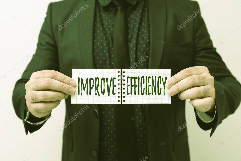 Text caption presenting Improve Efficiency. Business concept Competency in performance with Least Waste of Effort Presenting New Plans And Ideas Demonstrating Planning Process