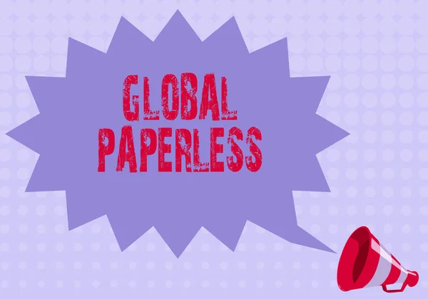 Znak tekstowy pokazujący Global Paperless. Biznes showcase będzie dla metod technologicznych, takich jak e-mail zamiast papieru Ilustracja Spiky Chat Cloud ogłoszone przez Megafon. — Zdjęcie stockowe