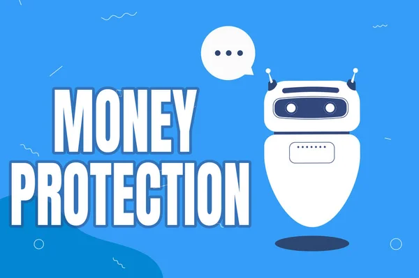 Υπογραφή εμφάνισης προστασίας χρημάτων. Επιχειρηματική προσέγγιση προστατεύει το ενοίκιο μισθωτή χρήματα πληρώνει στον ιδιοκτήτη Εικονογράφηση Χαριτωμένο Floating Robot λέει πληροφορίες σε ένα σύννεφο συνομιλίας. — Φωτογραφία Αρχείου