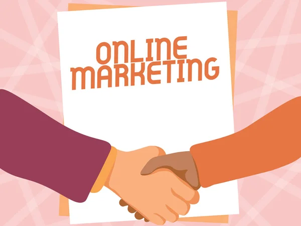 Υπογραφή εμφάνισης Online Marketing. Επιχειρηματική μορφή διαφήμισης έννοια που χρησιμοποιεί το Διαδίκτυο παραδώσει τις ανάγκες των πελατών Δύο άνδρες σχέδιο με άδειο χαρτί χειραψία Παρουσιάζοντας συμφωνία. — Φωτογραφία Αρχείου