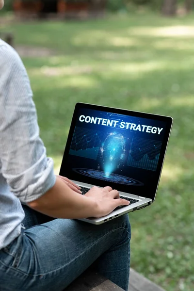 El yazısı içerik stratejisi. Kavramsal fotoğraf, iyi fotoğraflar ve sözcüklerle pazarlama planı oluşturur. Laptop 'ta yazan kadın dışarıda oturuyor. Evden çalışıyor..