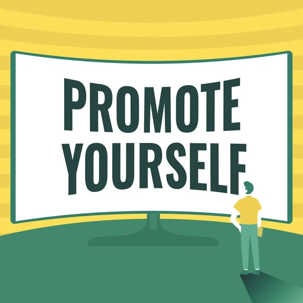 Sign displaying Promote Yourself. Business idea market and introduce to others Improvement Encourage Man Standing Illustration Standing Infront Of Huge Display Screen. — Stock Photo, Image