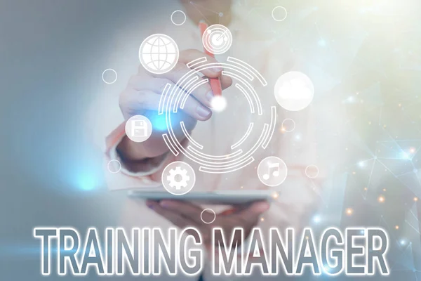 Handwriting text Training Manager. Word Written on giving needed skills for high positions improvement Business Woman Touching Futuristic Virtual Display Holographic Interface. — 图库照片