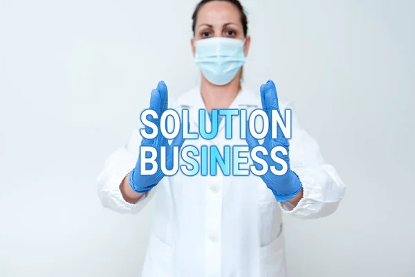 ソリューションビジネスを提示するテキストキャプション。ビジネスアプローチマーケティングと広告給与計算研究医療のアイデアを示す新しい科学的発見 — ストック写真
