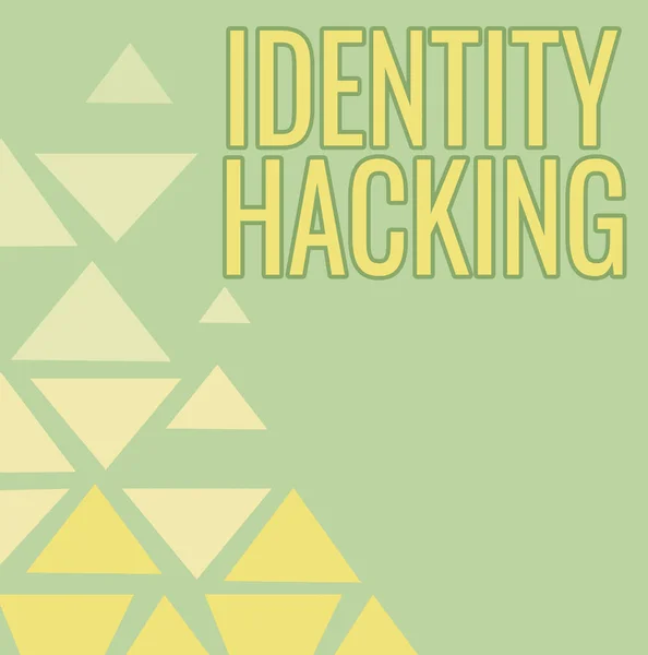 IDハッキングを示すテキスト署名。マルウェアラインを使用して個人情報を盗むビジネスアプローチ犯罪者様々な形状と色を持つイラストの背景. — ストック写真