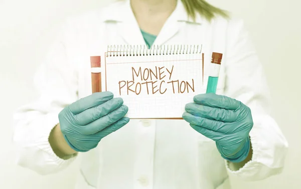 Inspiration showing sign Money Protection. Conceptual photo protects the rental money tenant pays to landlord Testing Medicine And Vaccine For Virus Infection Laboratory Trial Tests — Stock Photo, Image