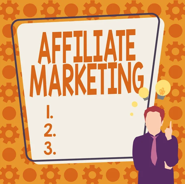 Metin başlığı temsilen eğik pazarlama. İş yaklaşımı, başka bir şahsın ürününü teşvik ederek Komisyon 'un Yeni Harika Fikirlerle Gelen Bir İşadamının Resmini Kazanmasını sağlıyor.