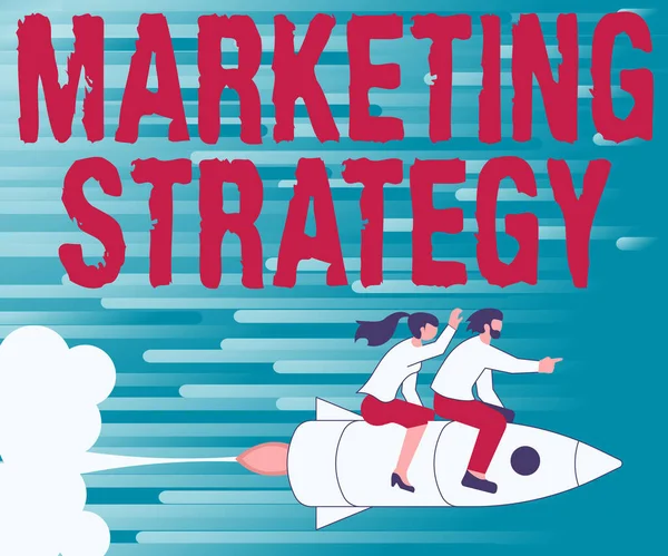 Text sign showing Marketing Strategy. Conceptual photo Scheme on How to Lay out Products Services Business Illustration Of Happy Partners Riding On Rocket Ship Exploring World. — Stock Photo, Image