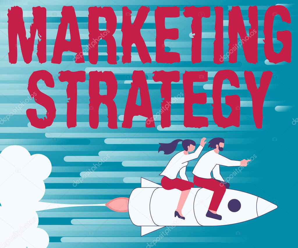 Text sign showing Marketing Strategy. Conceptual photo Scheme on How to Lay out Products Services Business Illustration Of Happy Partners Riding On Rocket Ship Exploring World.