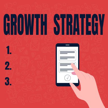 Metin başlığı Büyüme Stratejisini sunar. Akıllı Telefon Mesajları Kullanarak El Resimlerinde daha büyük pazar payı kazanmayı amaçlayan Strateji Sözcüğü.