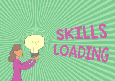 Kavramsal Ekran Yetenekleri Yükleme. İş konsepti, bir görevi yerine getirirken Bayan Ayakta Duran Çizim Işığı Gösterirken Yeni Fikirlerin zorluğuna işaret ediyor.