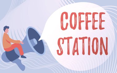 Kahve istasyonunu gösteren bir tabela. Genelde sıcak içecekler sunan küçük, gayri resmi bir restoran. Beyler, Binicilik Yapan Büyük Fonda Konuşma Baloncuğu Gösteriliyor..