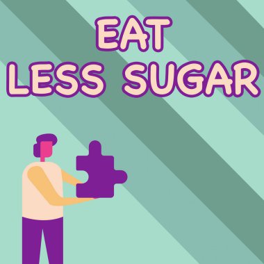 Daha az şeker ye yazan bir tabela. İnternet Konsepti şeker tüketimini azaltıyor ve sağlıklı beslenme zengin gıdalar yiyor İşadamı yapboz tutuyor Yeni Geleceğe dönük Teknolojileri Açıyor