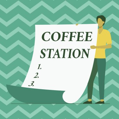 Mesaj, ilham veren kahve istasyonunu gösteriyor. Tipik olarak sıcak içecekler sunan küçük, gayri resmi bir restoran için bir kelime. Elinde kocaman bir kağıt tutan adam. Yeni Anlamı ve mesajı gösteriyor..