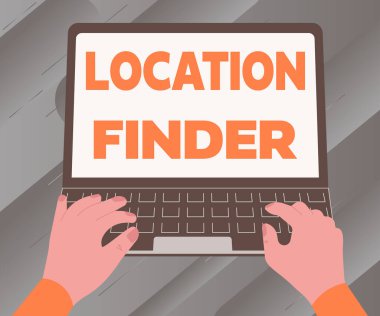 Metin Konum Bulucu yazılıyor. İşletme vitrini. Bir dizüstü bilgisayarda Fikirler Ararken Meşgul Elin Resmedildiği bir yerin adresini bulmaya yarayan bir servis..