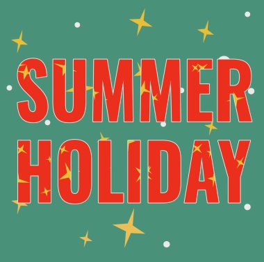 Yaz Tatili 'ni gösteren bir tabela. Konsept, yaz mevsiminde rahatlama ve eğlence için özel zaman aralığı anlamına gelir. Çeşitli şekiller ve renkler içeren tasvir edilmiş arkaplanlar.