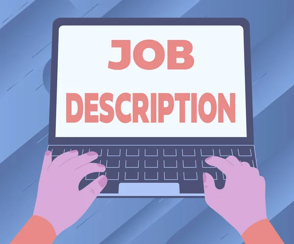Kézírás jel Job Description. Koncepció jelentése Egy dokumentum, amely leírja a felelősségét egy pozíció Illusztráció egy elfoglalt kéz dolgozik laptop keres ötletek. — Stock Fotó