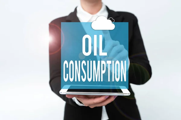 Handwriting text Oil Consumption. Conceptual photo This entry is the total oil consumed in barrels per day Presenting New Technology Ideas Discussing Technological Improvement — Stock Photo, Image
