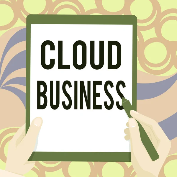 Tekst pokazujący inspirację Cloud Business. Word Written on Internetbased dostawy usług udostępnianych użytkownikom Rysunek obu rąk gospodarstwa Tablet Lekko prezentując wspaniałe pomysły — Zdjęcie stockowe