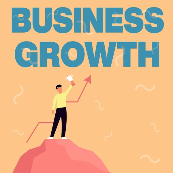 Inspiration showing sign Business Growth. Business approach a longterm stage where enterprise qualifies for expansion Businessman Drawing Standing On Big Rock Proudly Holding Trophy. — 图库照片