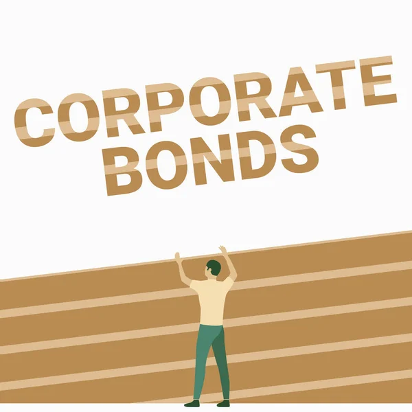 Handschriftlicher Text Corporate Bonds. Internet-Konzern will Finanzierung aus verschiedenen Gründen aufbringen Sportlicher Mann steht mit beiden Händen auf dem Feld. — Stockfoto
