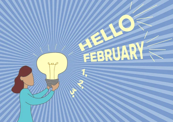 Szöveg felirat bemutató Hello February. Internet Concept greeting az év második hónapjának köszöntésekor Lady Standing Drawing Holding Light Up Új ötletek mutatása. — Stock Fotó