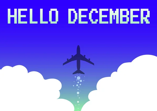 Bildunterschrift: Hallo Dezember. Konzept der Begrüßung, die bei der Begrüßung des zwölften Monats des Jahres verwendet wird Illustration des Starts eines Flugzeugs schnell geradeaus in den Himmel. — Stockfoto