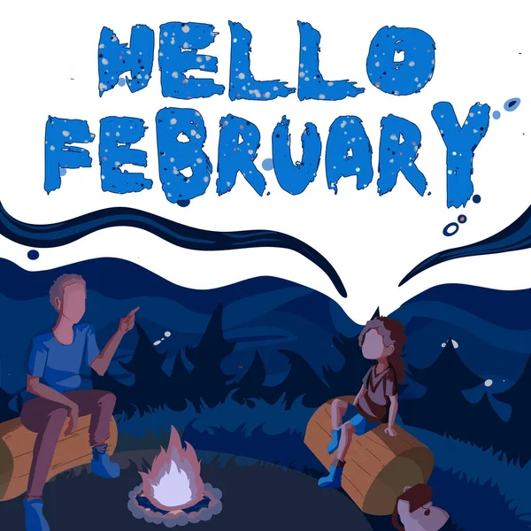 Szöveges tábla mutatja Hello Február. Szó üdvözlésre használják az év második hónapjának köszöntésekor Apa és lánya ül a tábortűz mellett Élvezi a kemping a parkban — Stock Fotó