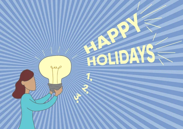Konceptuální zobrazení Happy Holidays. Slovo pro dodržování vánočního ducha trvající týden Lady stojící kresba drží světlo se ukazuje nové nápady. — Stock fotografie