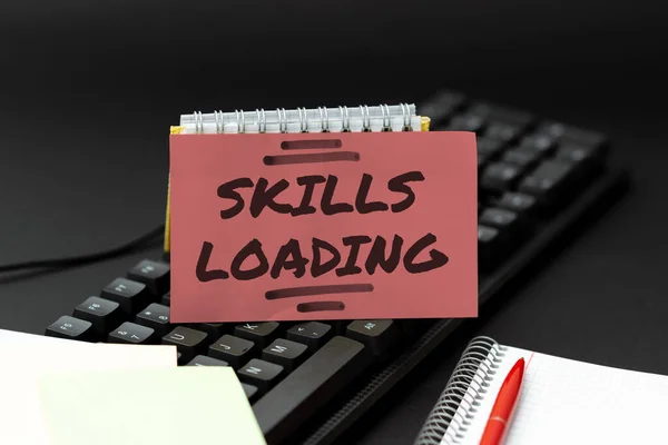 Text sign showing Skills Loading. Business overview points out the degree of difficulty when performing a task Abstract Typist Practicing Speed Typing, Programmer Debugging Codes — Stock Photo, Image