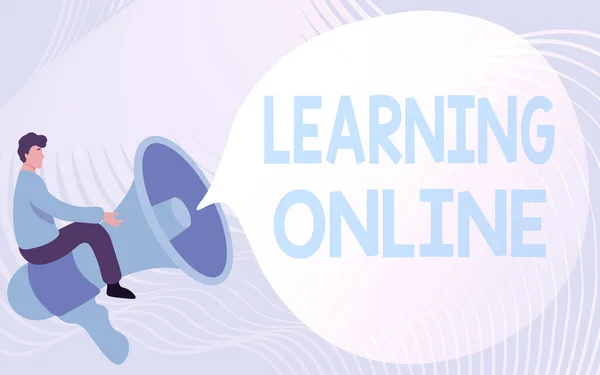 Writing displaying text Learning Online. Word Written on Learn something new with the help of internet and technology Gentleman Drawing Riding Big Megaphone Showing Speech Bubble. — Stock Photo, Image