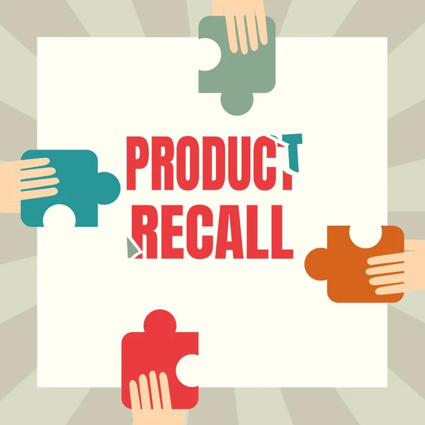 Didascalia concettuale Product Recall. Richiesta vetrina aziendale per restituire i possibili problemi di prodotto sul mercato Illustrazione di mani che tengono pezzi puzzle ogni lato della scatola. — Foto Stock