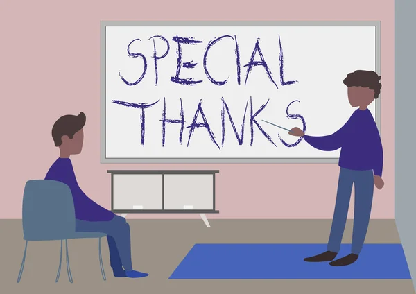 Handstilstext speciellt tack. Word Skrivet om att uppskatta något eller någon på ett mycket unikt sätt Lärare och elev Rita ha klass privat i ett klassrum. — Stockfoto