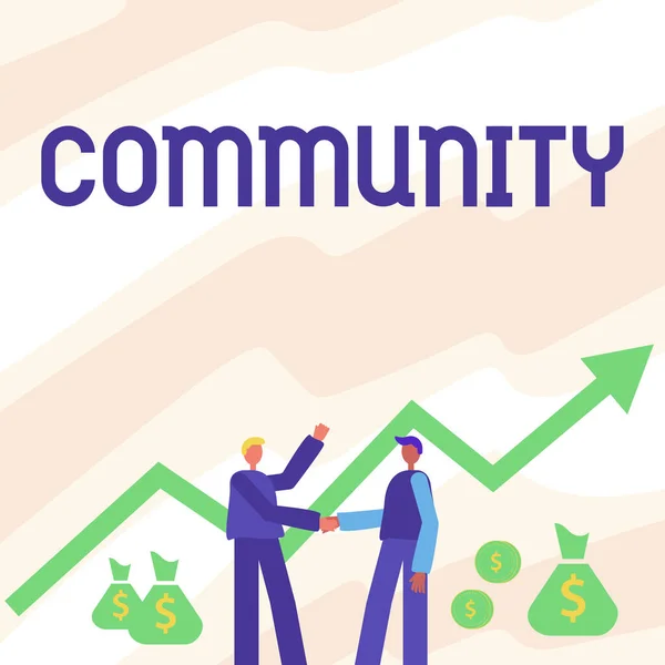 コミュニティを示すテキスト記号。成長とお金のバッグのための金融矢印で握手を立って2人の男性と一緒に暮らす共通の特徴を示すのグループのための言葉. — ストック写真