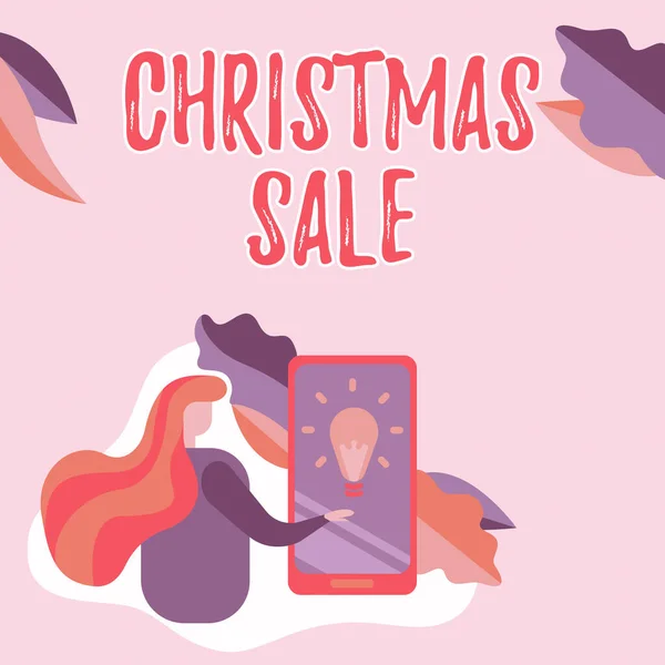 クリスマスセールを示すテキストキャプション。小売業者が低価格で商品を販売する期間の言葉携帯電話のプレス画面未来的な技術を示す女性. — ストック写真