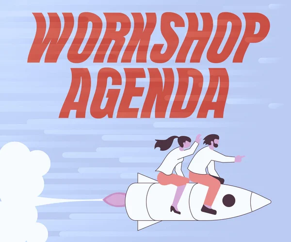 Konceptvisning Workshop Agenda. Affärsidé hjälper dig att se till att din plats stannar på schemat Illustration av glada partners Riding On Rocket Ship Exploring World. — Stockfoto