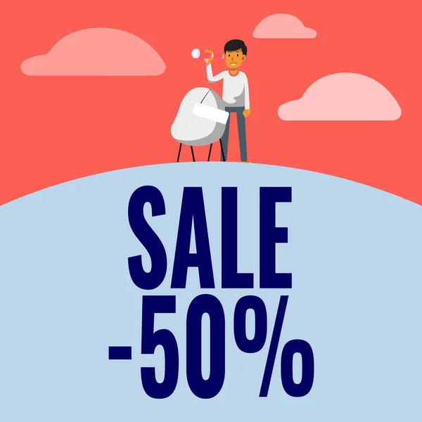 Handwriting text Sale 50 Percent. Word for A promo price of an item at 50 percent markdown Man Binoculars Illustration Standing Chair With Sign Looking Opportunities. — 图库照片