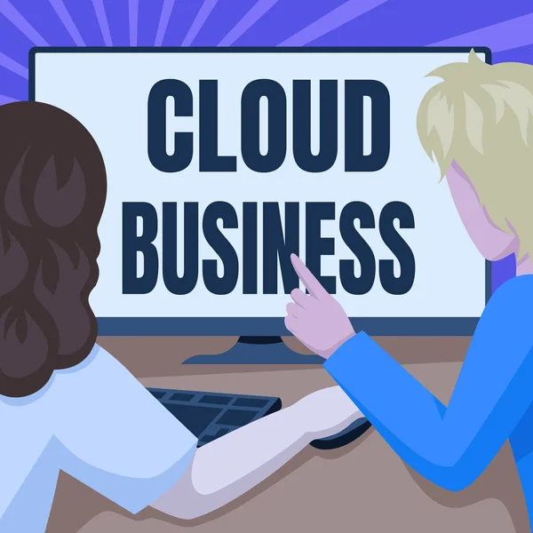 Pisanie wyświetlania tekstu Cloud Business. Przegląd biznesowy świadczenie usług przez Internet udostępnianych użytkownikom Rysunek par za pomocą komputera stacjonarnego Realizacja ich pracy. — Zdjęcie stockowe