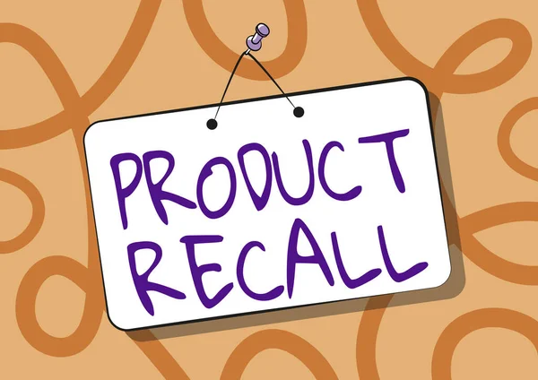 Text showing inspiration Product Recall. Business approach request to return the possible product issues to the market Pinned Hanging Door Sign Drawing With Empty Writing Space. — Stockfoto