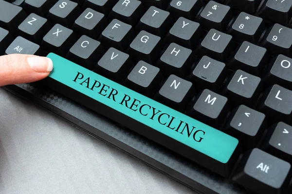 Text sign showing Paper Recycling. Business approach Using the waste papers in a new way by recycling them Typing New Email Titles Concept, Drafting Internet Article Ideas — Stock Photo, Image