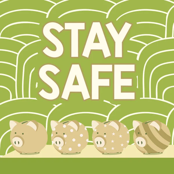 Inspiration showing sign Stay Safe. Business showcase secure from threat of danger, harm or place to keep articles Multiple Piggy Bank Drawing On Table With Striped Background. — 图库照片