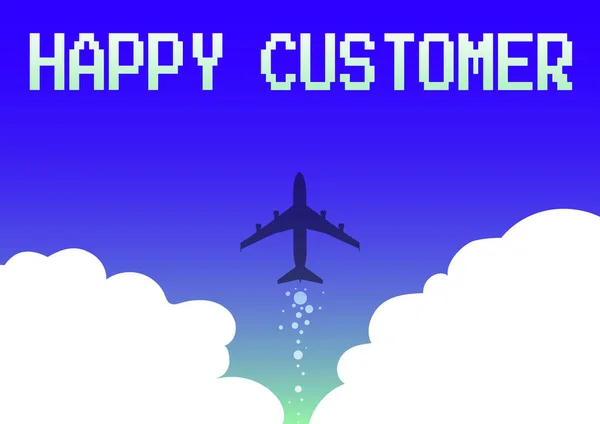 Assinar exibindo Cliente feliz. Visão geral dos negócios mais alta taxa de satisfação com a mercadoria que compraram Ilustração do avião lançando rápido direto para o céu. — Fotografia de Stock