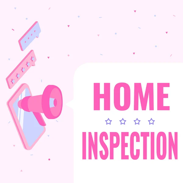 Konzeptionelle Bildunterschrift: Home Inspection. Geschäftskonzept Prüfung des Zustands einer Immobilie im Zusammenhang mit dem Eigenheim Monitor Zeichnung mit Megafon Herstellung von Beleuchtung Nachricht . — Stockfoto